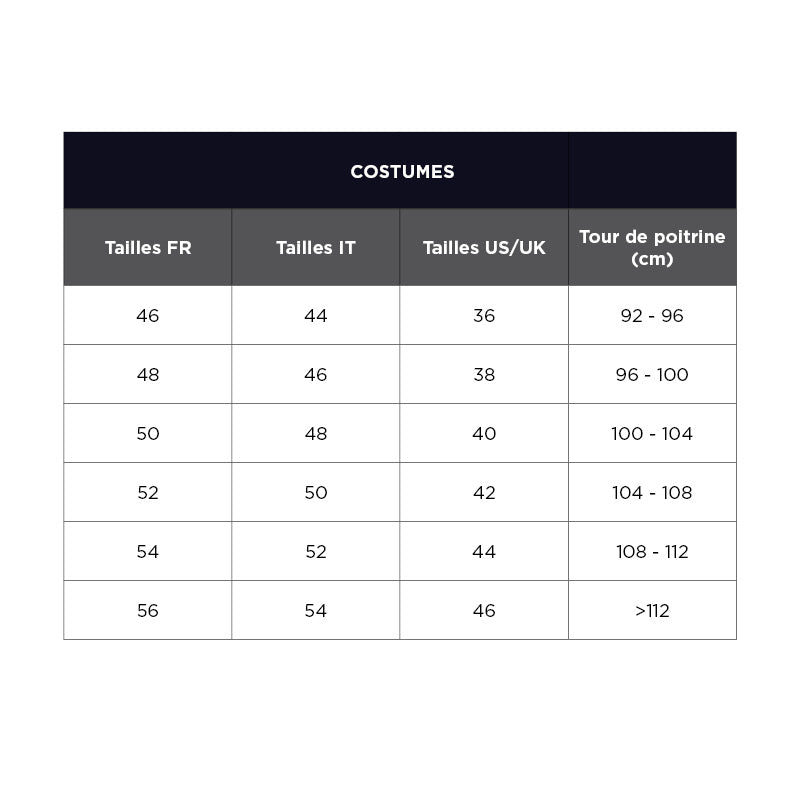 Tableau tailles costumes